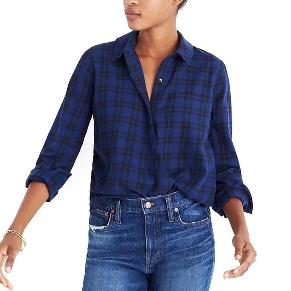 MADEWELL Wrap Front Button Down Plaid Shirt Medium Blue Black - Picture 1 of 8